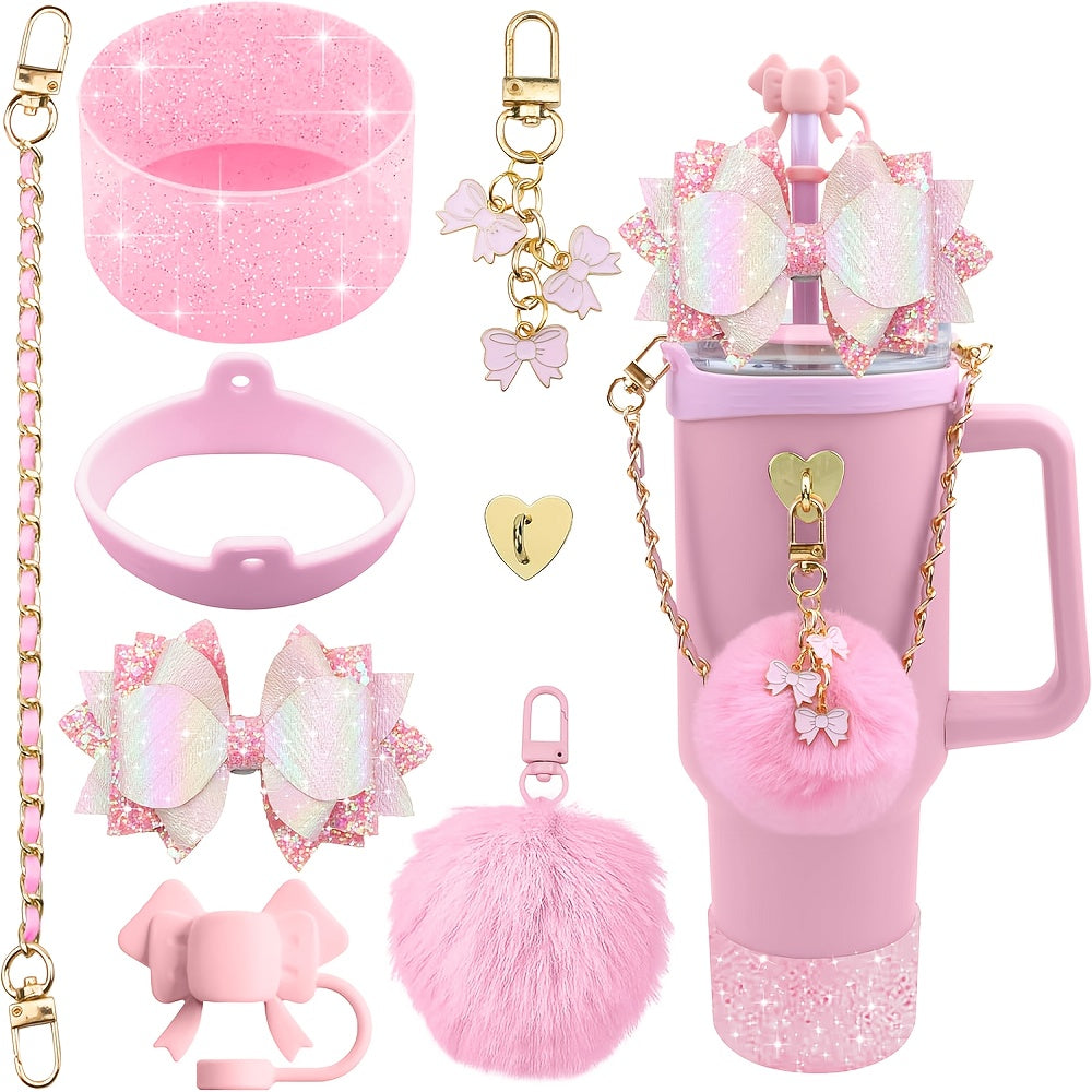 8pcs Bling Silicone Accessories for 30oz 40oz Tumbler Cup, Including Silicone Bow Straw Topper Cover, Protective Silicone Boot, Leather Water Bottles Handle Strap